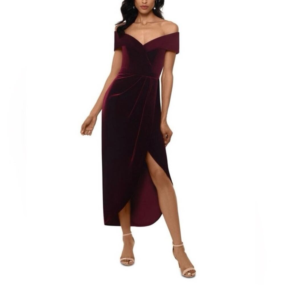 Xscape Burgundy Velvet Off-The-Shoulder Cocktail Midi Dress Size 12